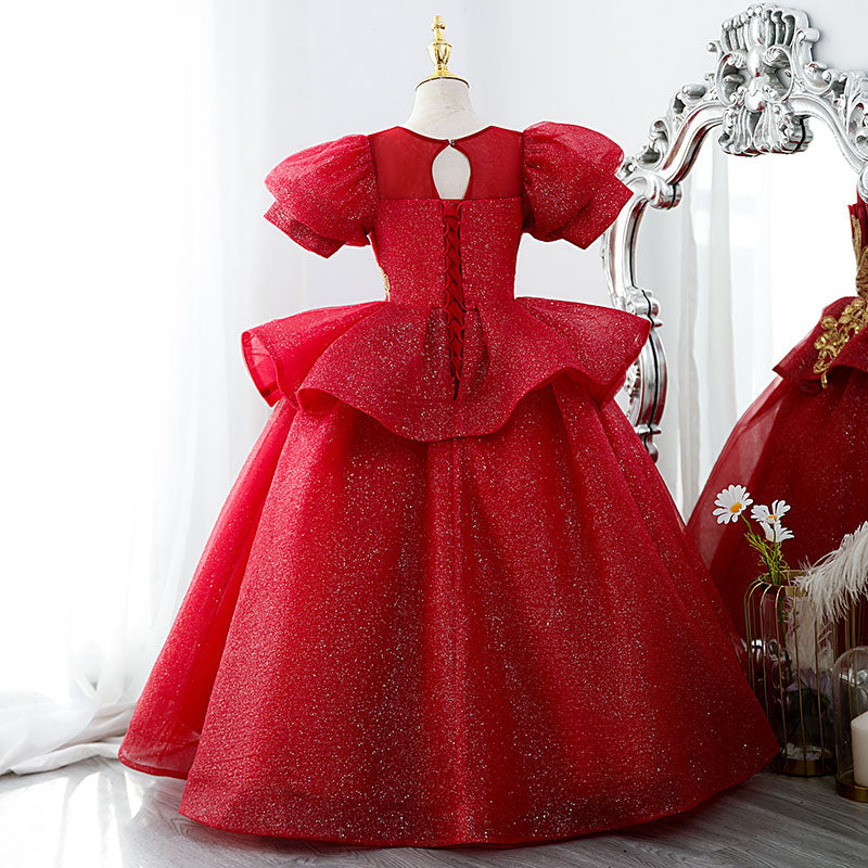 Baby Girl First Communion Dress Girl Luxury Red Embroidery Wedding Party Princess Dress