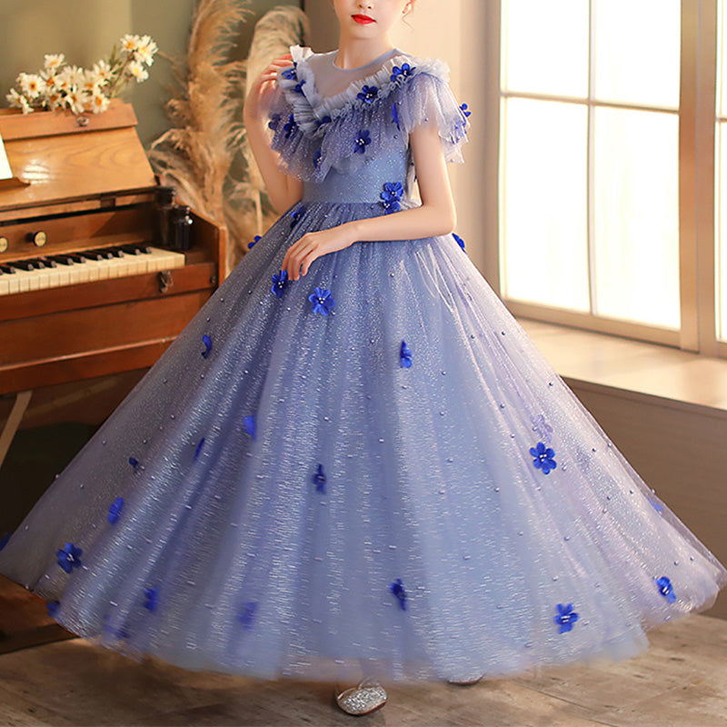 Little Girl Dress Girl Pageant Formal Flower Girl Dress Bead Puffy Princess Dress, Blue / 4-5 Years (120cm)