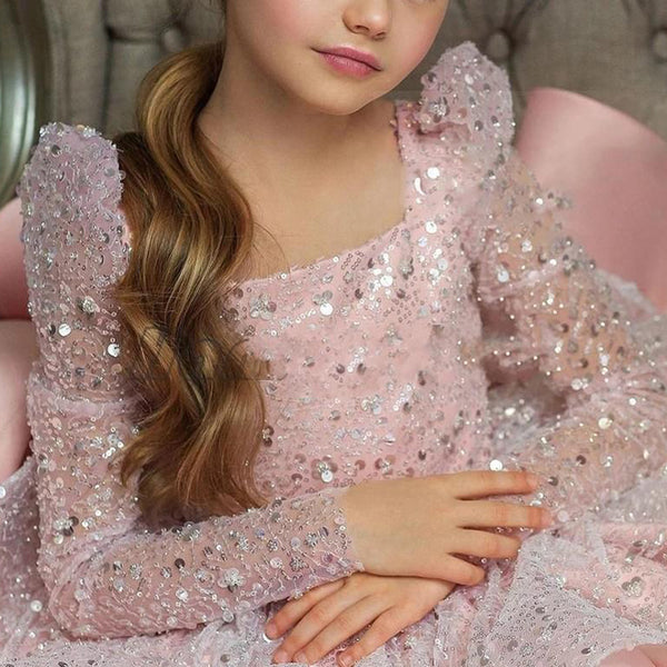 Girl Formal Dresses Autumn Cute Pageant Sequins Long Sleeve Princess Dresses