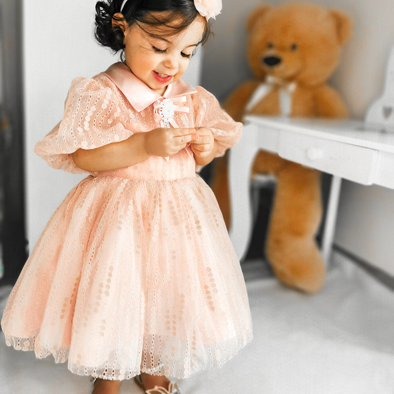 Baby Girl Summer Pink Puff Sleeves Bead Flower Princess Dress