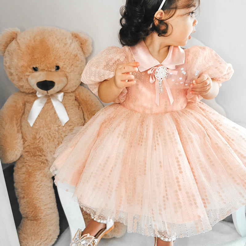 Baby Girl Summer Pink Puff Sleeves Bead Flower Princess Dress