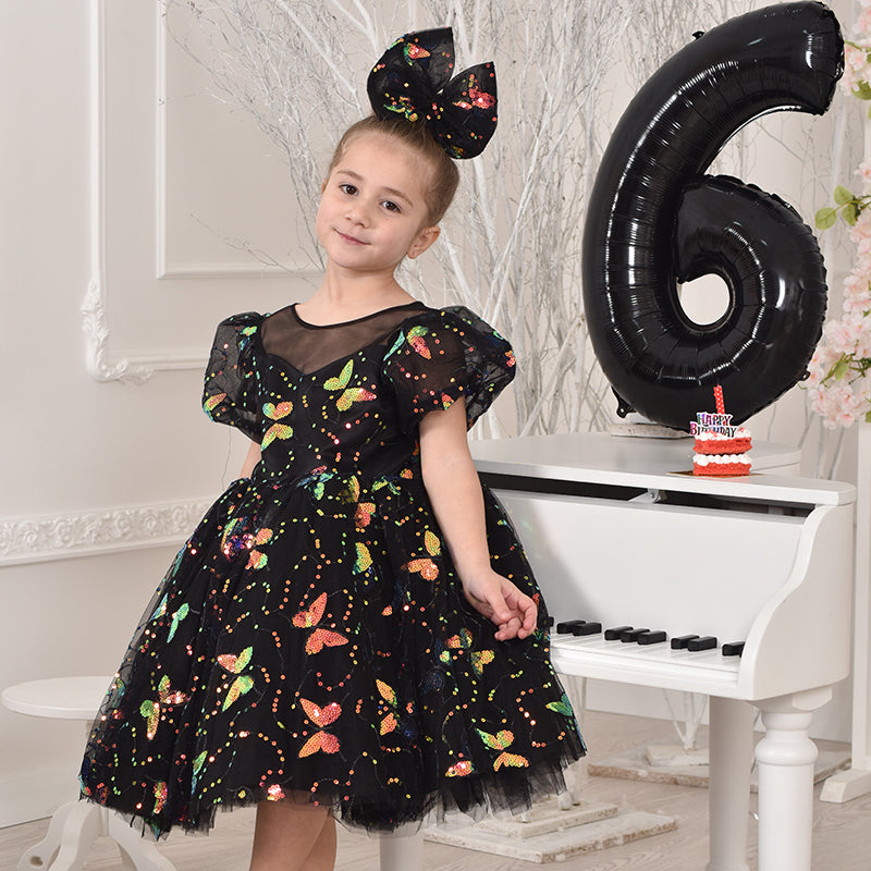 Baby Girl Formal Prom Dresses Toddler Summer Sequins Butterfly Birthday Party Dresses, Black / 2-3 Years (100cm)