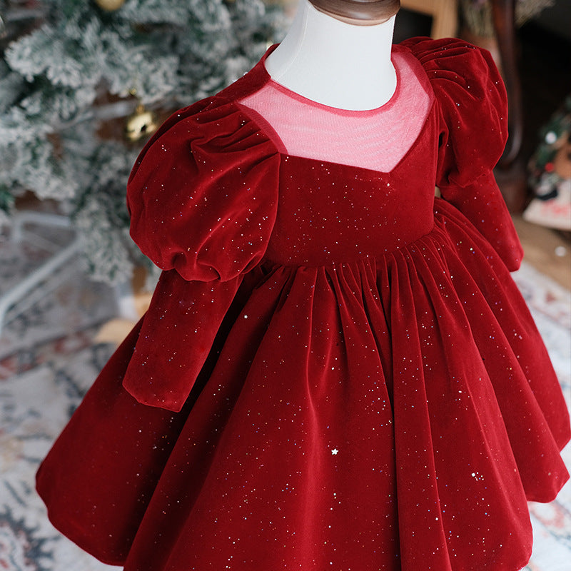 Girl Christmas Dress Flower Girl Dress Toddler Puff Sleeves Red Velvet Sequins Birthday Party Dress