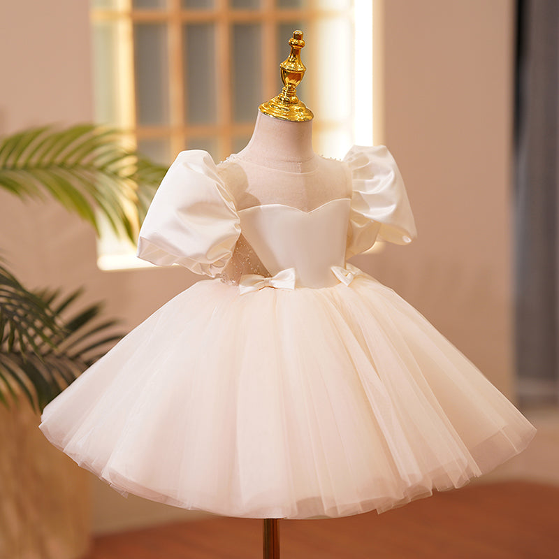 Toddler Ball Gowns Girl Puff Sleeves Bow Pageant Communion Formal Princess Dress, Beige / 1-2 Years (90cm) Toddler Ball Gowns Girl Puff Sleeves Bow Pageant Communion Formal Princess Dress, Beige / 1-2 Years (90cm)