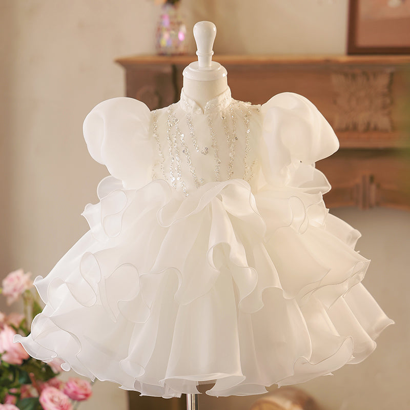 Baby Girl White Baptism Dresses Toddler Sequins Princess Dress Girl Puffy Prom Dress