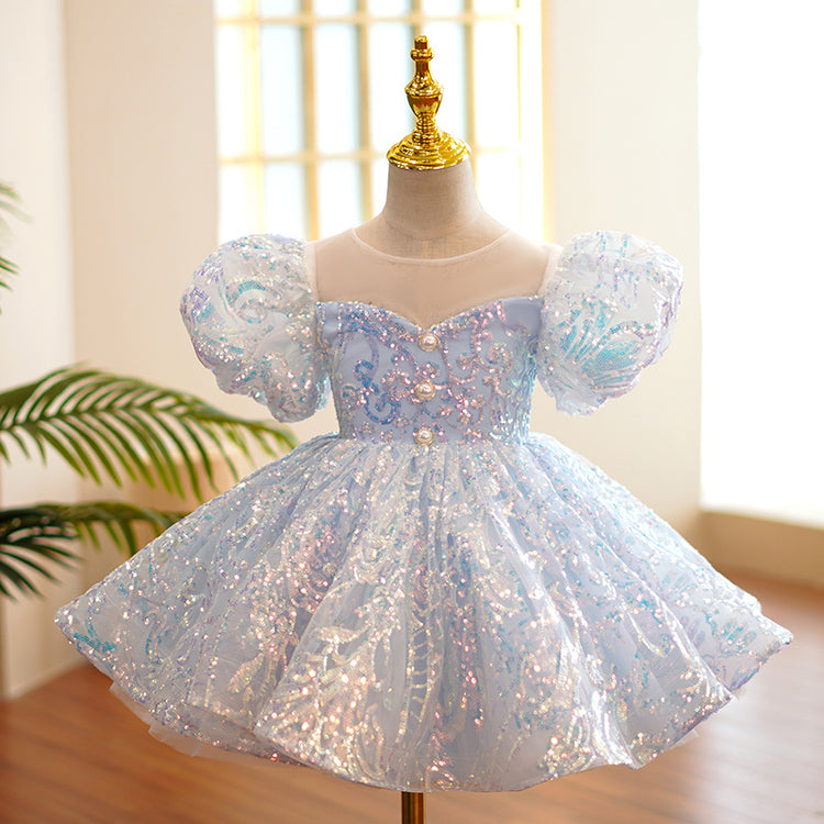 Baby Girl Birthday Party Dress Blue Sequin Bubble Princess Dress