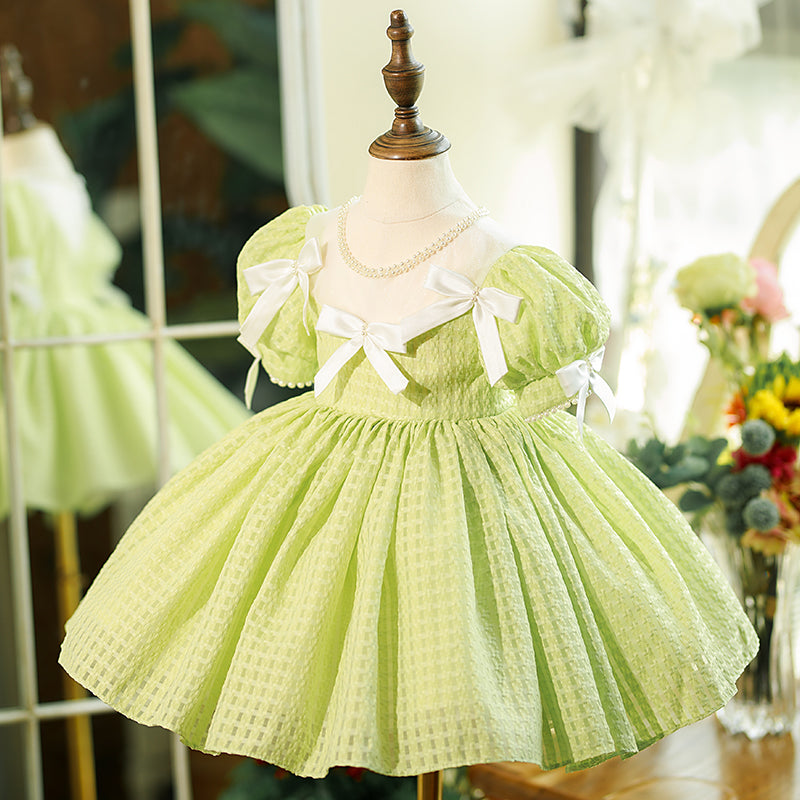 Baby Girl Daily Dress Toddler Summer Green Bow Knot Puff Sleeve Birthday Party Dress