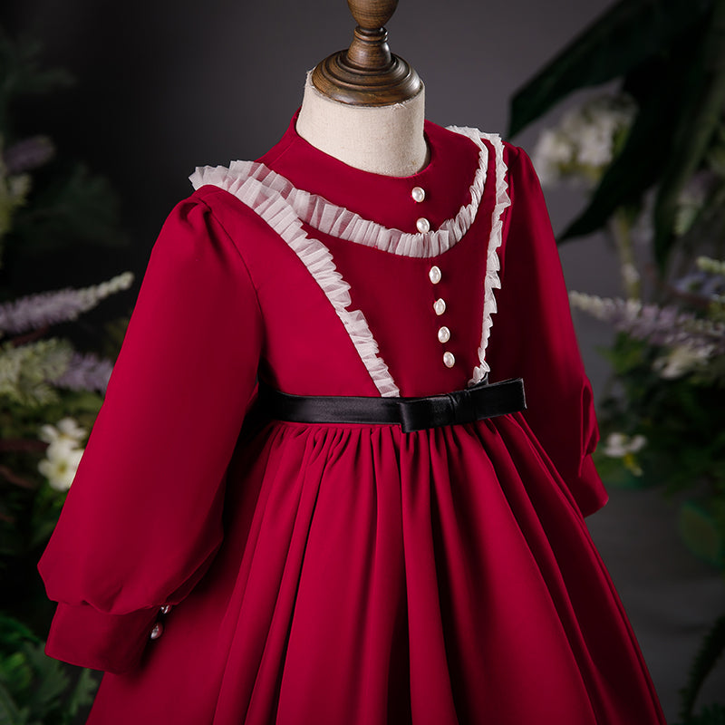 Baby Girl Dress Toddler Flower Formal Communion Elegant Red Autumn Bead Princess Dress