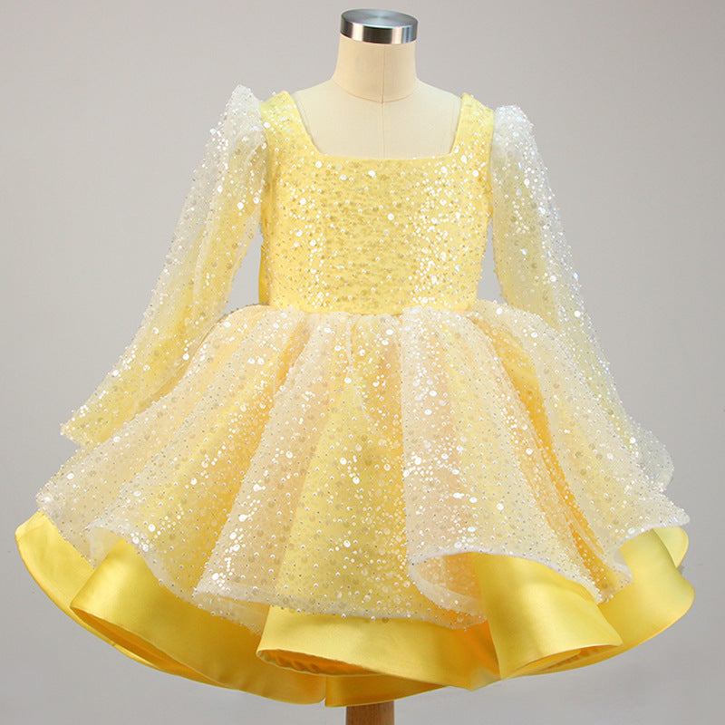 Girl Formal Princess Dresses Baby Girl Bow Mesh Long Sleeve Sequined Christening Dress