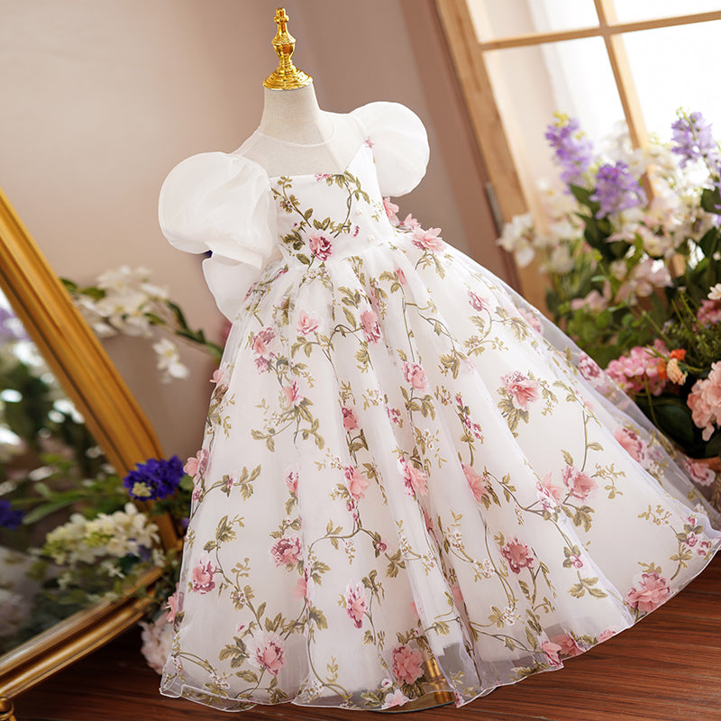 Baby Girl First Communion Dress Children Flowers Embroidery Puffy  Princess Dress