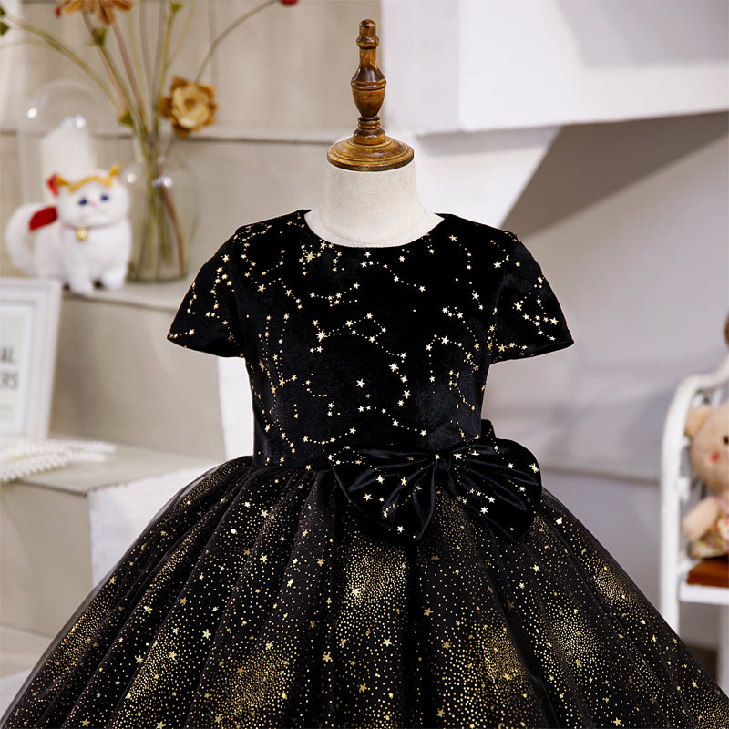 Children's Black Birthday Dress Girls Puff Sleeve Princess Dress