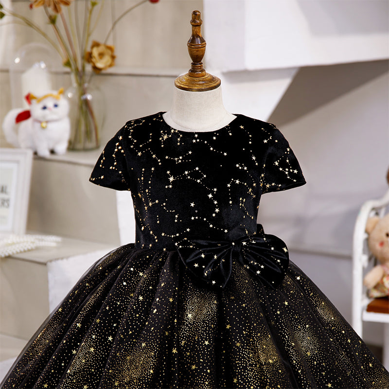 Baby Girl Communion Dress Toddler Princess Black Stars Sequins Puffy Dress