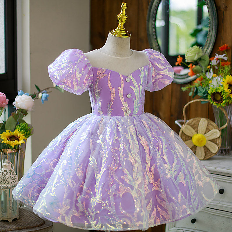 Flower Girl Dress Little Girl Puff Sleeves Summer Cute Sequins Cake Birthday Party Dress