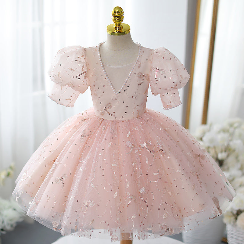 Flower Girl Dress Toddler Easter Summer Pink Sequin Puff Sleeve Princess Dress