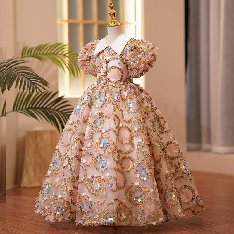 First Communion Dress Baby Girl Easter Dress Girl Summer Luxury Sequins Puff Sleeves Pageant Princess Dress