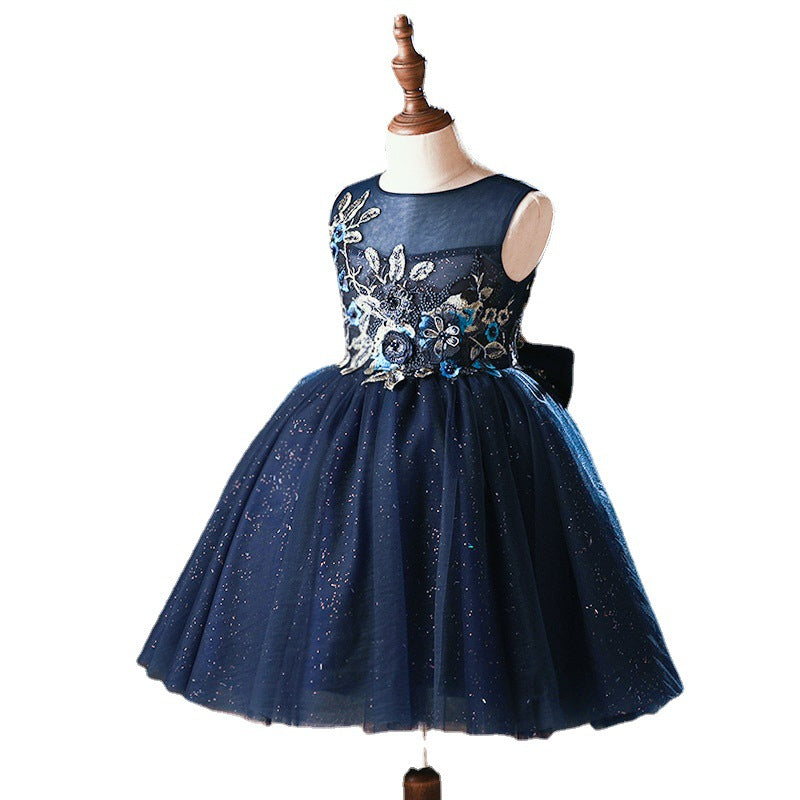 Baby Girl Formal Princess Dresses Girl Summer Round Neck Blue Embroidery Birthday Party Dress