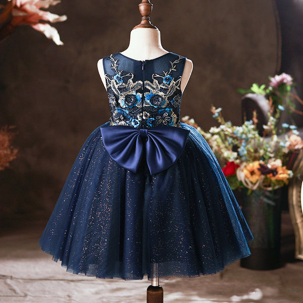 Baby Girl Formal Princess Dresses Girl Summer Round Neck Blue Embroidery Birthday Party Dress