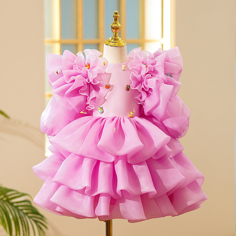 Toddler Girl Party Dress Girl Pink Cartoon Cake Fluffy Princess Dress