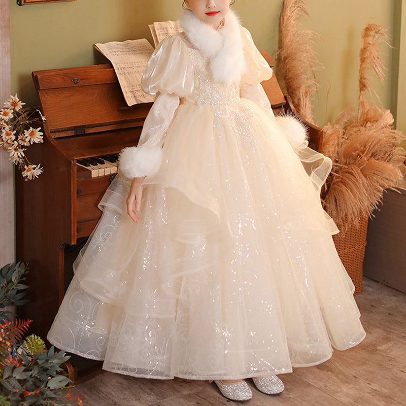 Flower Girl Dress Children Party Winter Plush Long Sleeve Sequined Princess Dress