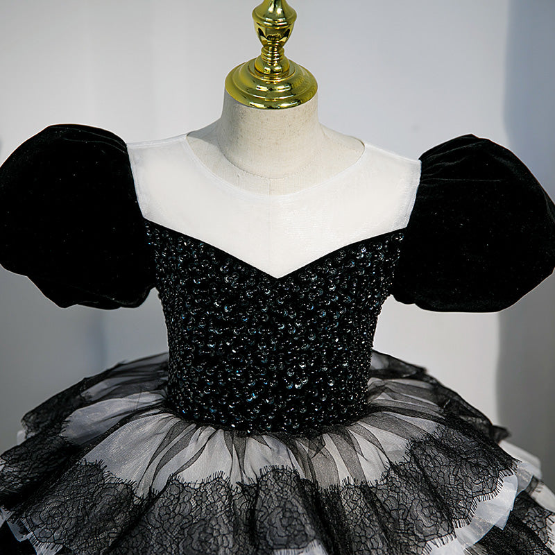 Flower Girl Dress Children Princess Dress Summer Black Sequin Cake Fluffy Communion Dress