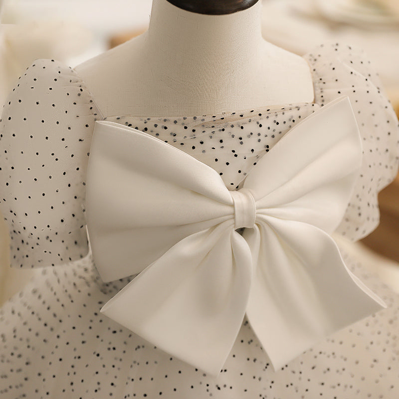 Flower Girl Dresses Baby Girl White Polka Dot Big Bow Knot Birthday Party Princess Dress