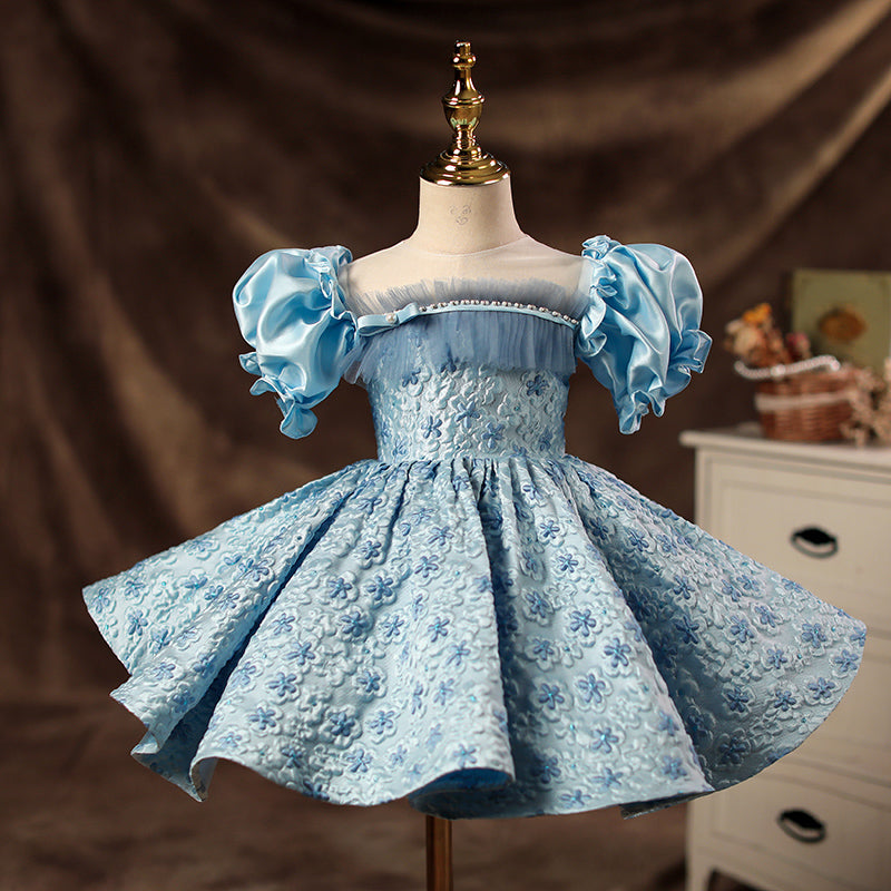 Toddler Ball Gowns Girl Princess Blue Flower Formal Fluffy Birthday Party Dress