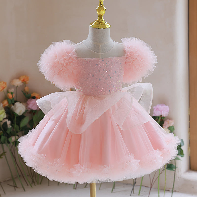 baby girl sequin dress Long Sleeve Sequins Knee Length 1st Birthday Girl Dress J359 Pink / child-2