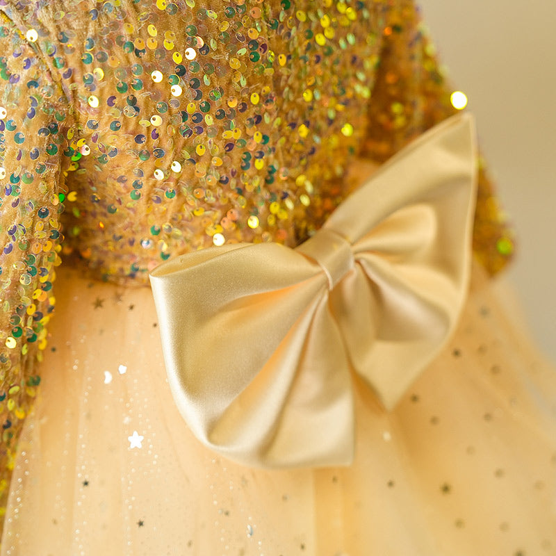 Little Girl Dress Girl Gold Formal Birthday Party Sequin Super Fairy Puffy Princess Dress