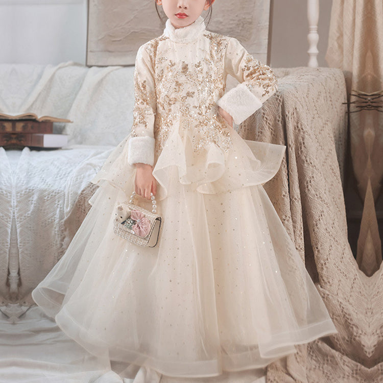 Flower Girl Dress Children Winter Elegant Embroidery Long Sleeve Puffy Princess Dress