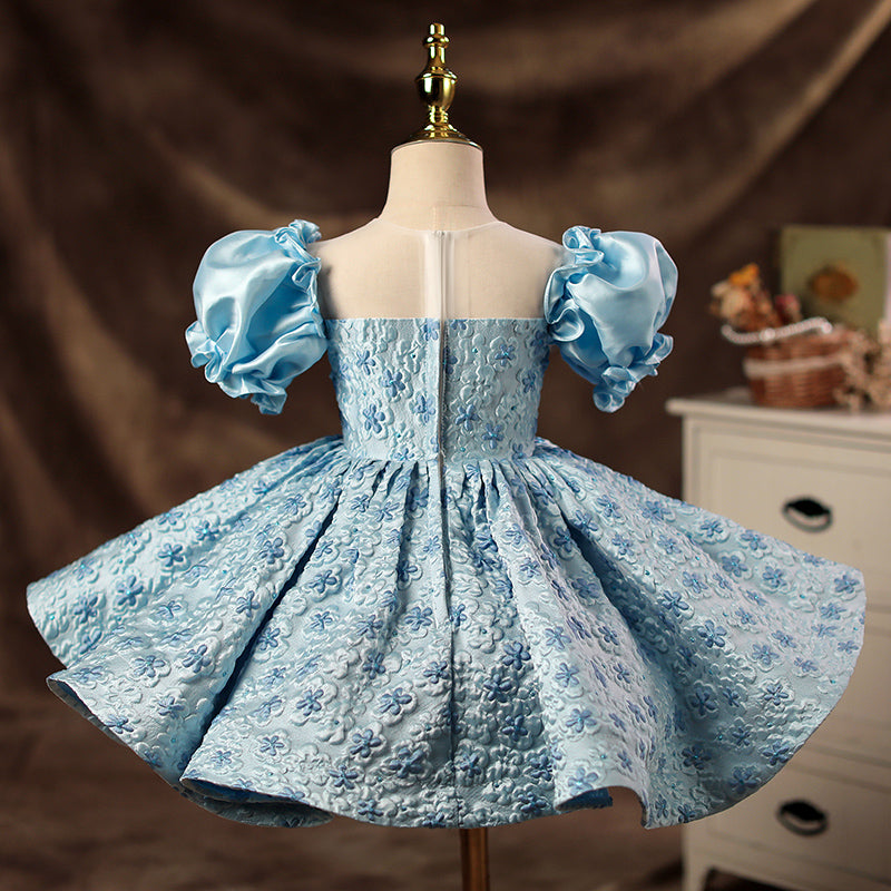 Toddler Ball Gowns Girl Princess Blue Flower Formal Fluffy Birthday Party Dress