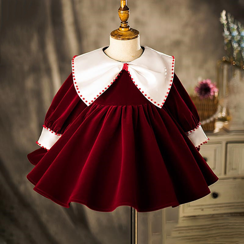 Girl Christmas Dress Baby Girls Birthday Dresses Toddler Wine Red Bow Formal Princess Dress