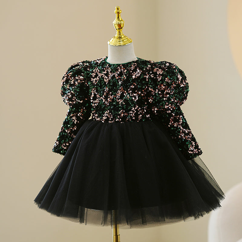 Elegant Girl Black Sequins Puffy Princess Dress