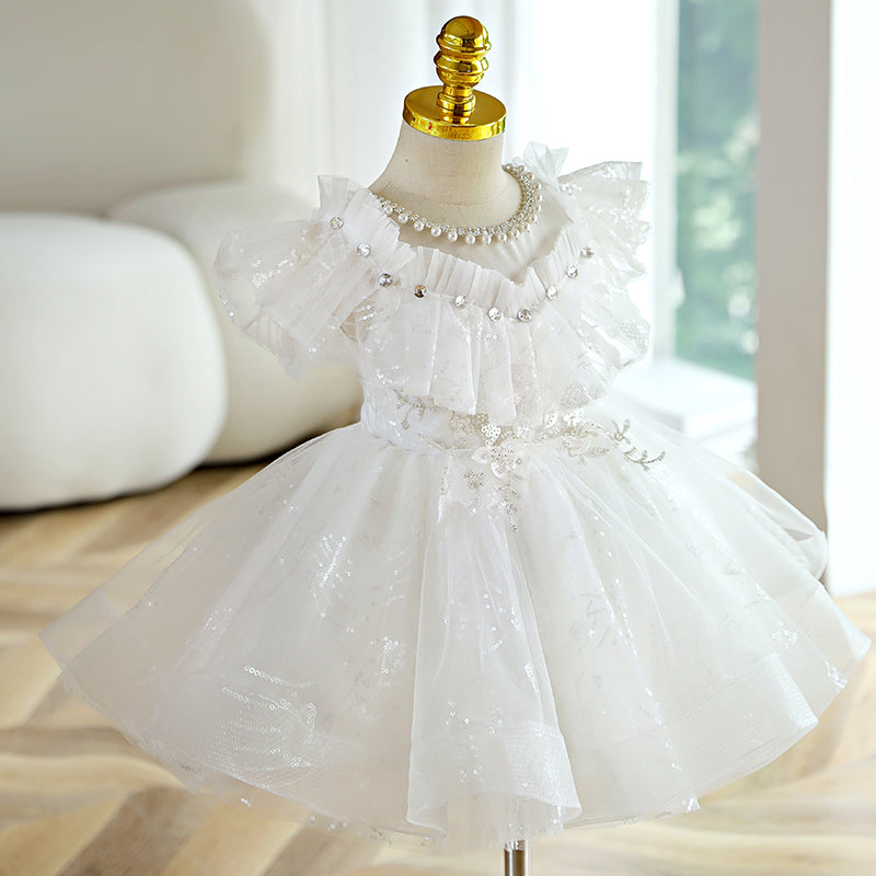 Baby Girl Dress Toddler Flower Baptism White Bead Collar Puffer Christening Princess Dress