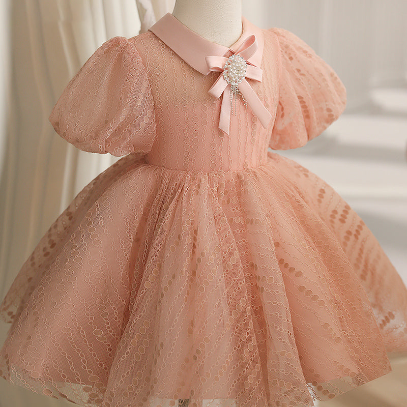 Baby Girl Summer Pink Puff Sleeves Bead Flower Princess Dress