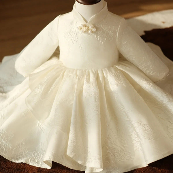 Flower Girl Dress Toddler Autumn Winter Vintage Long Sleeve White Christening Dress