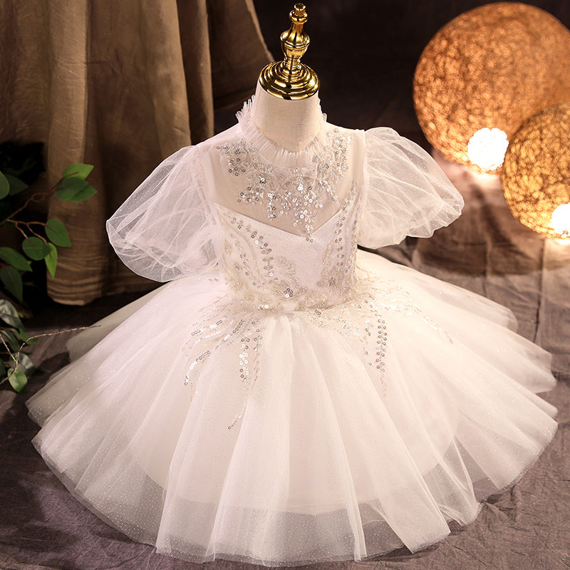 Flower Girl Dress Children Mesh Fluffy Diamond Embroidery Lace Sequin White Princess Dress