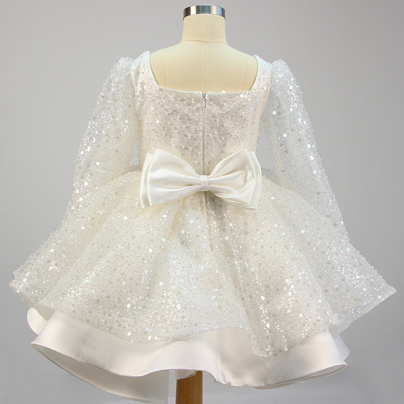 Girl Formal Princess Dresses Baby Girl Bow Mesh Long Sleeve Sequined Christening Dress