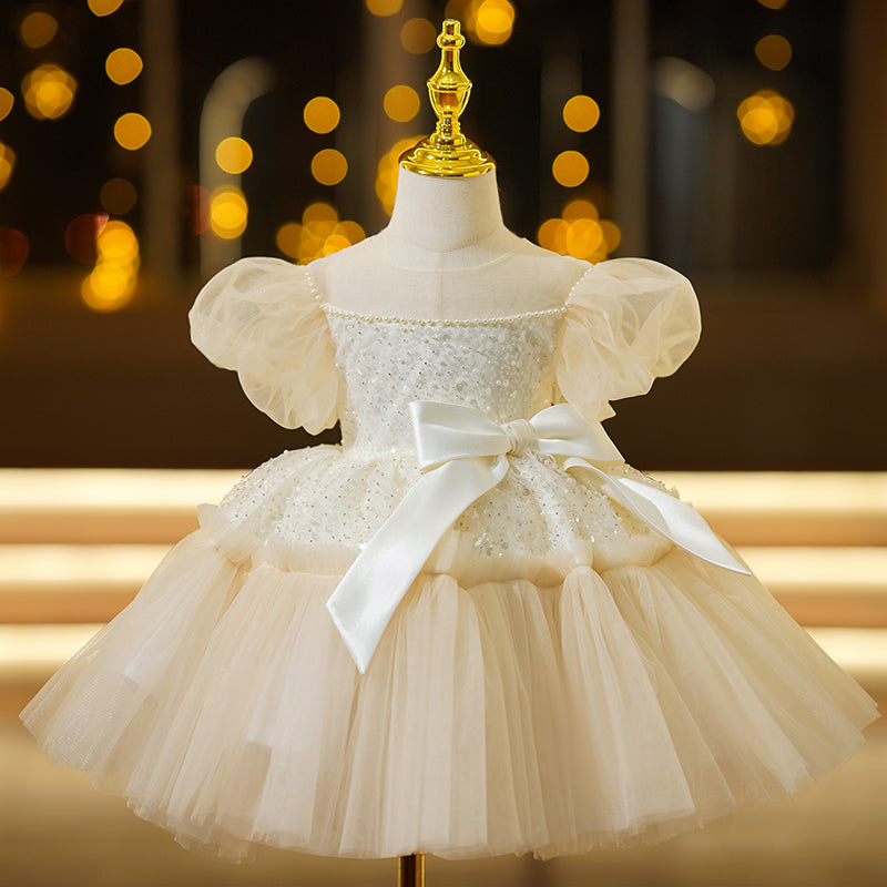 Flower Girl Dress Toddler Baptism Princess Puff Sleeve Beaded Mesh Fluffy Dress