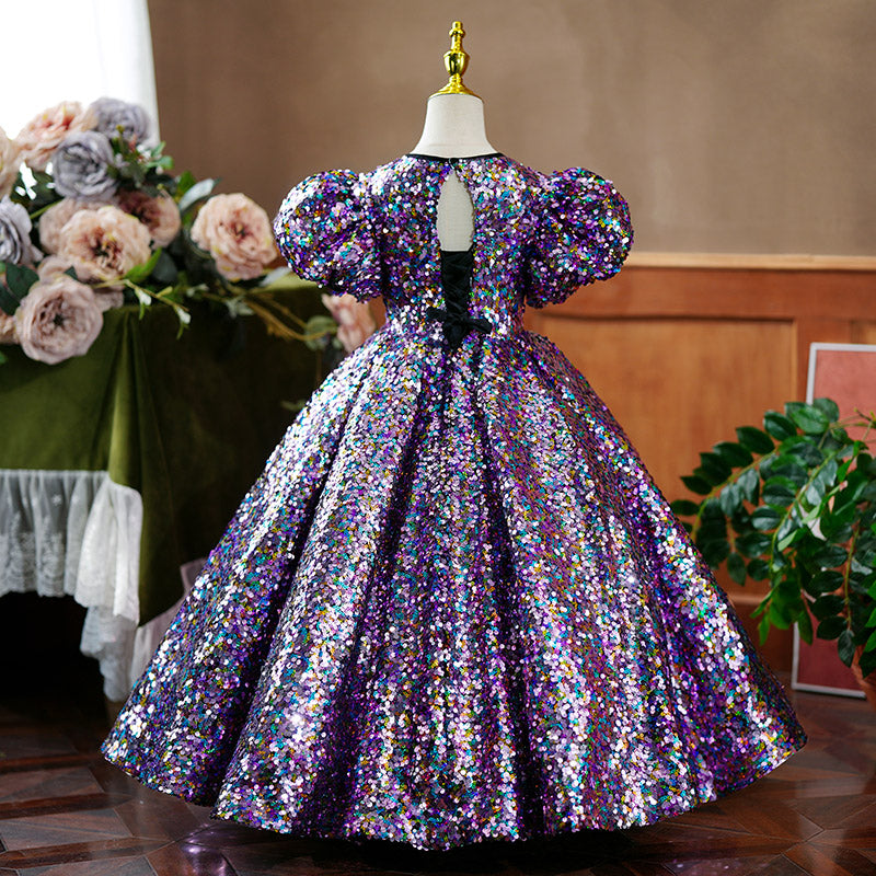 Flower Girl Dress Children Communion Birthday Party Dress Purple Sequins Pageant Dress