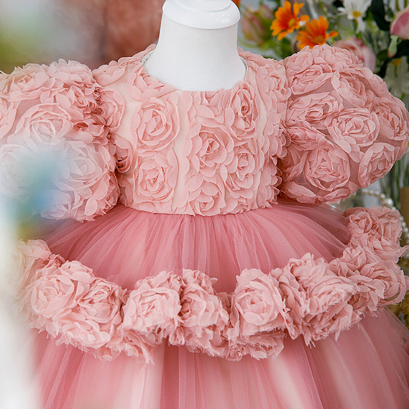 Girl Christmas Dress Baby Girl Dress Toddler Pink Rose Fluffy Party Puff Sleeves Cake Princess Dress