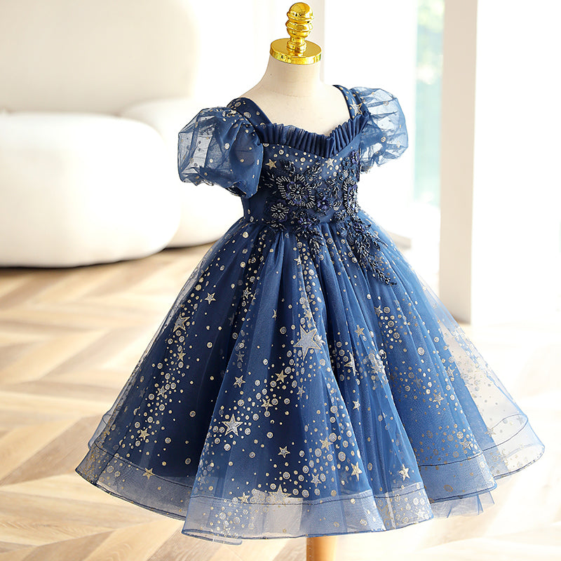 Elegant Girl Puff Sleeve Sequin Birthday Party Show Dress