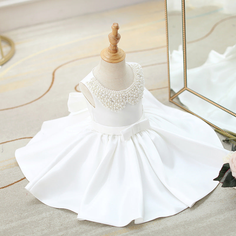 Toddler First Communion Dress Baby Girl Princess Party Dress White Bead Collar Flower Girl Dress