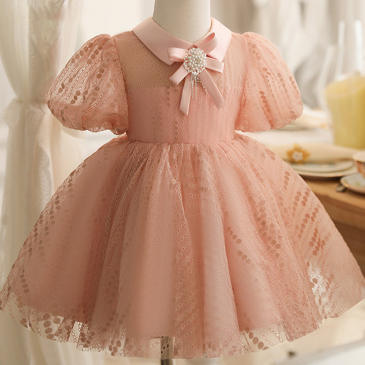 Baby Girl Summer Pink Puff Sleeves Bead Flower Princess Dress