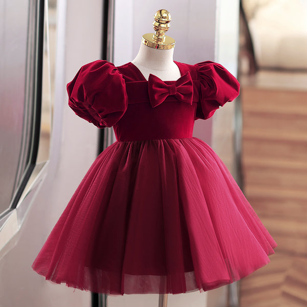 Girl Christmas Dress Baby Girl Flower Dress Girl Wine Red  Bow Cake Puffy Princess Dress