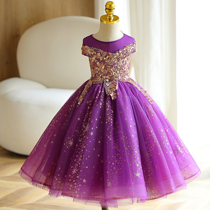 Toddler Ball Gowns Girl Summer Princess Dress Purple Sequin Fluffy Dress