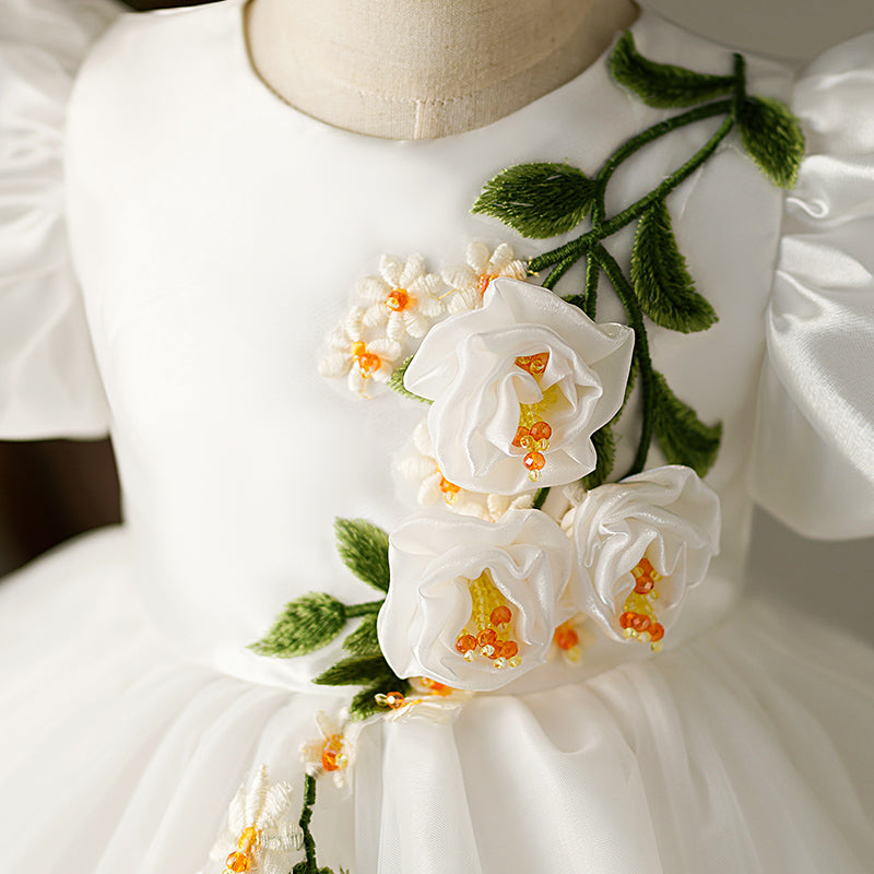 Flower Girl Dress Toddlers Summer Formal Floral White Puff Sleeve Baptism Dress