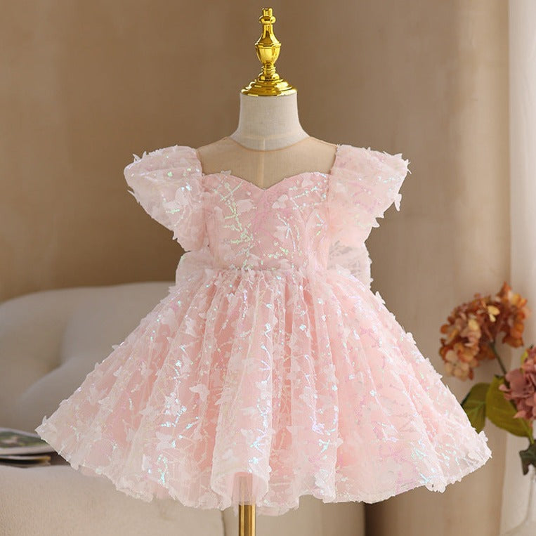 party dresses in pink Baby Girl Birthday Party Dress Girls Summer Pink Sequin Bow Fluffy Pageant Princess Dresses, Pink / 1-2 Years (90cm)