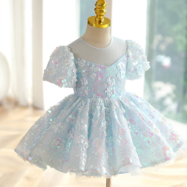 Baby Girl and Toddler Summer Blue Sequin Pageant Puffy Princess Party Dress