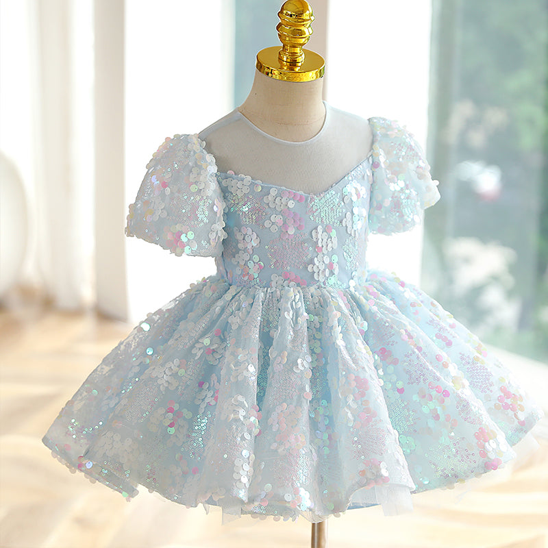 Baby Girl and Toddler Summer Blue Sequin Pageant Puffy Princess Party Dress