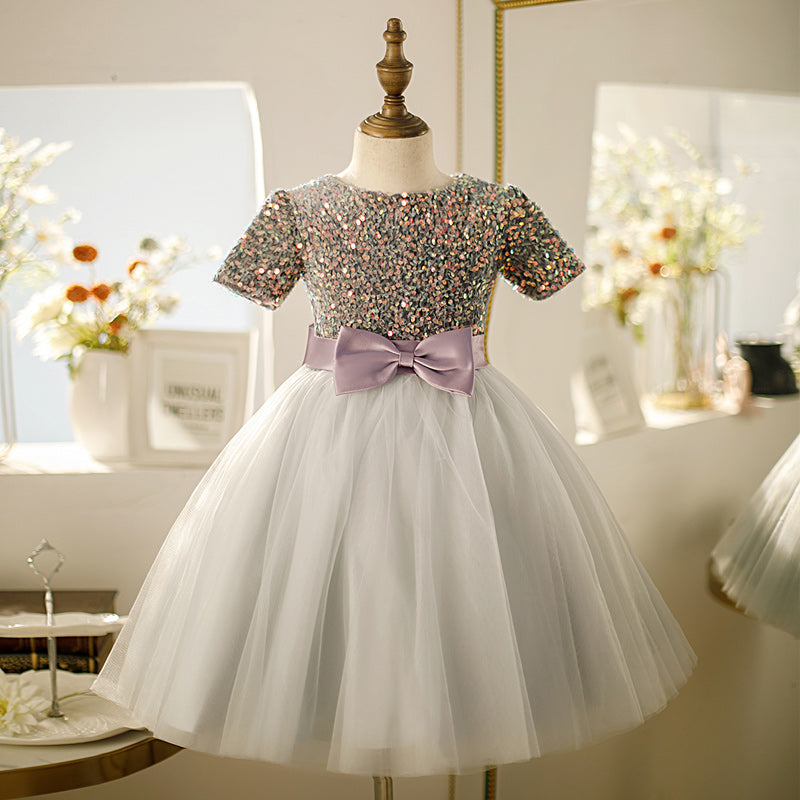 Baby Girl Dress Toddler Princess Dress Summer Grey Sequin Bow Puffy Communion Dress